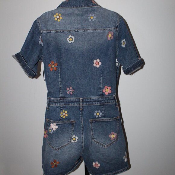 NWT Driftwood Denim Embroidered Romper Jumpsuit Zip Front L - Picture 5 of 6